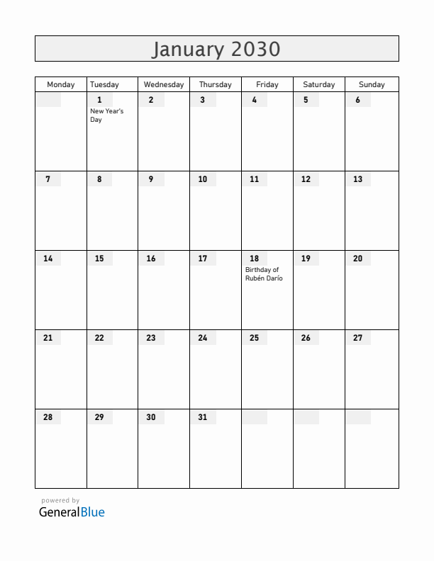 Nicaragua January 2030 Calendar with Holidays