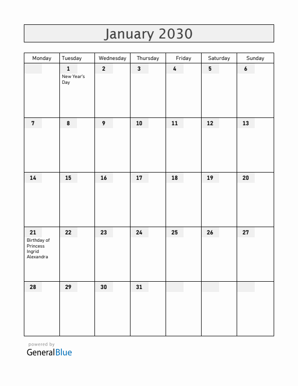 Norway January 2030 Calendar with Holidays