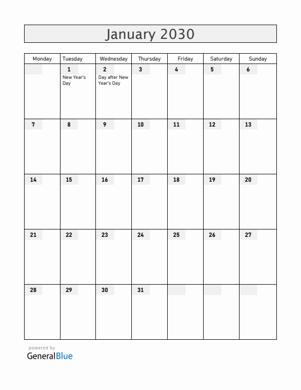 New Zealand January 2030 Calendar with Holidays