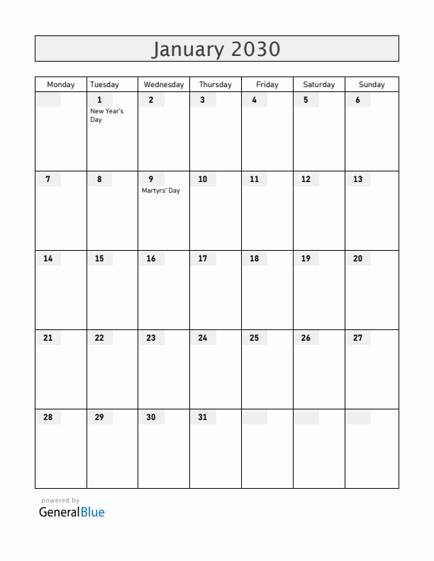 Panama January 2030 Calendar with Holidays
