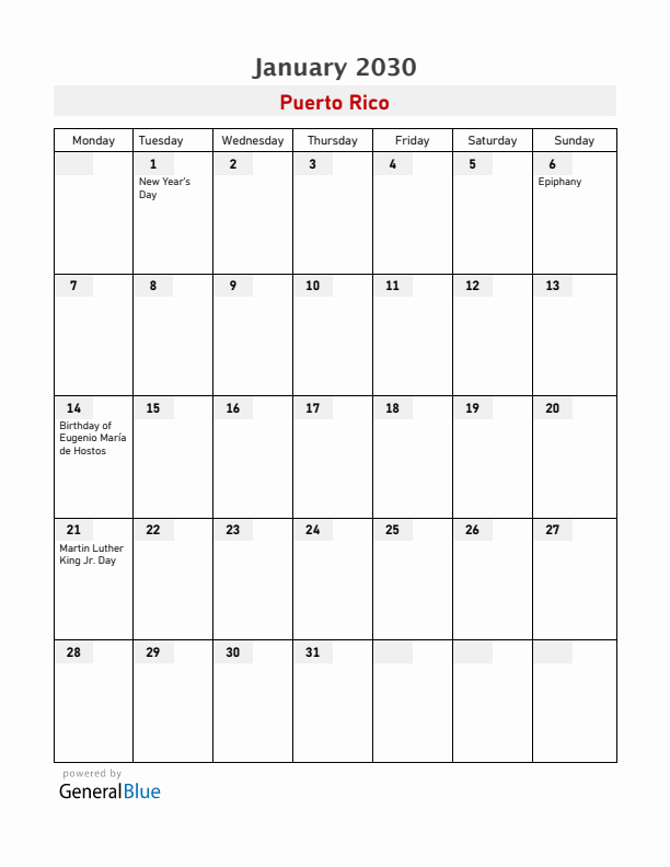 Puerto Rico January 2030 Calendar with Holidays