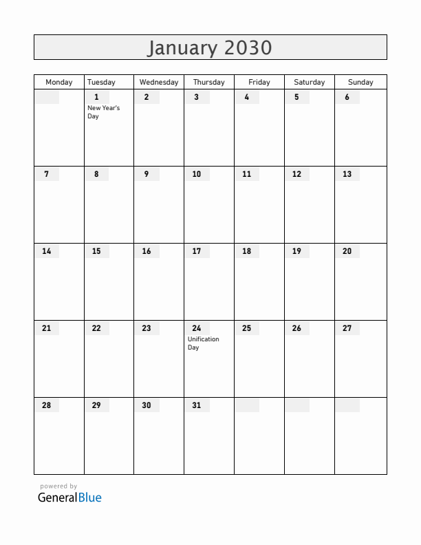 Romania January 2030 Calendar with Holidays