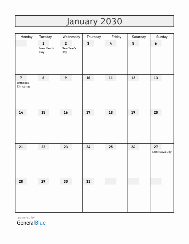 Serbia January 2030 Calendar with Holidays