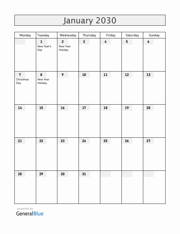 Russia January 2030 Calendar with Holidays