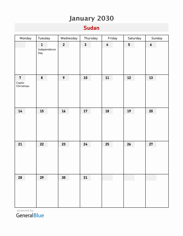Sudan January 2030 Calendar with Holidays