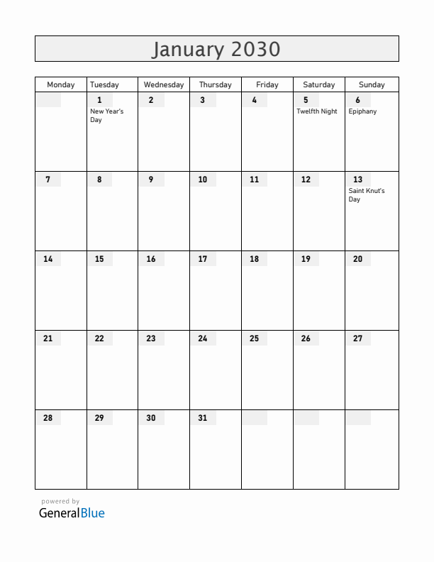 Sweden January 2030 Calendar with Holidays