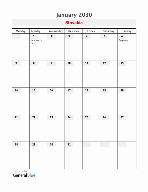 Slovakia January 2030 Calendar with Holidays