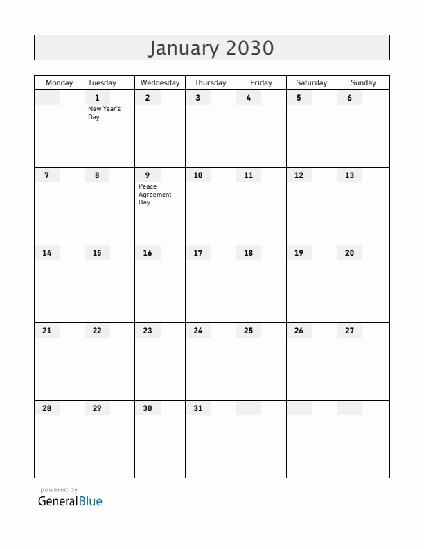 South Sudan January 2030 Calendar with Holidays
