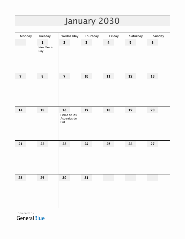 El Salvador January 2030 Calendar with Holidays