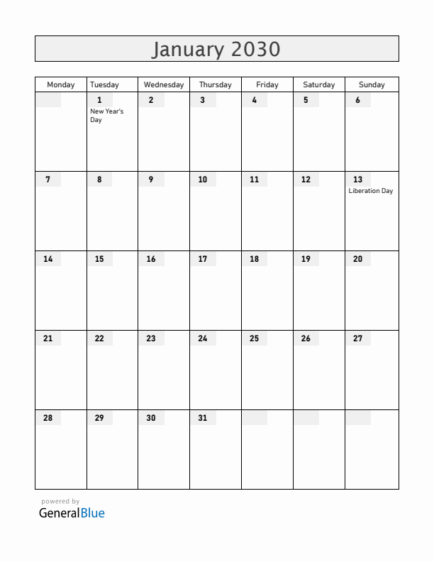 Togo January 2030 Calendar with Holidays