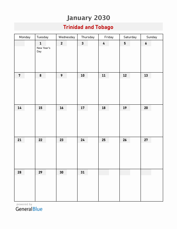 Trinidad and Tobago January 2030 Calendar with Holidays