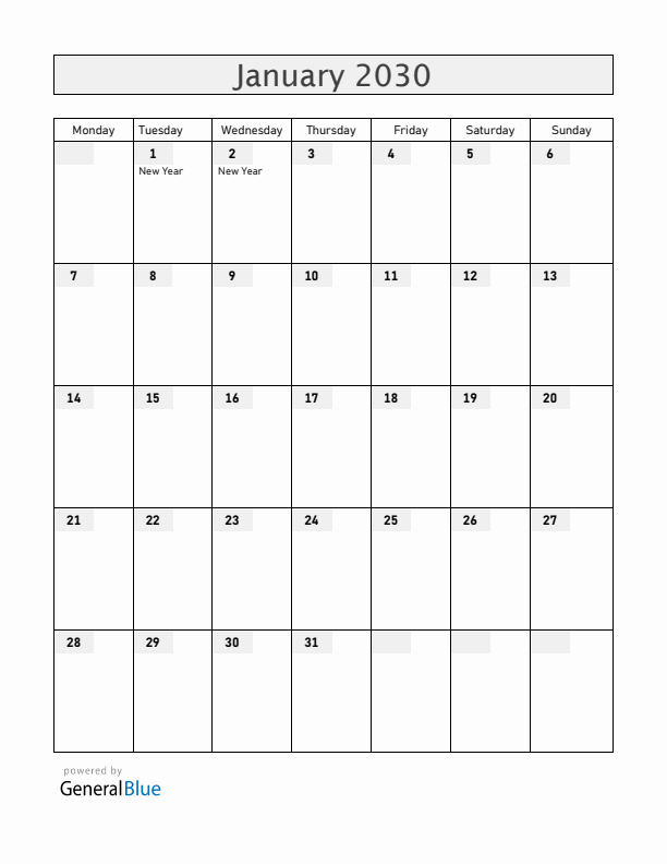 Ukraine January 2030 Calendar with Holidays