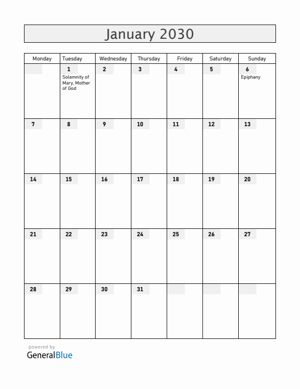 Vatican January 2030 Calendar with Holidays
