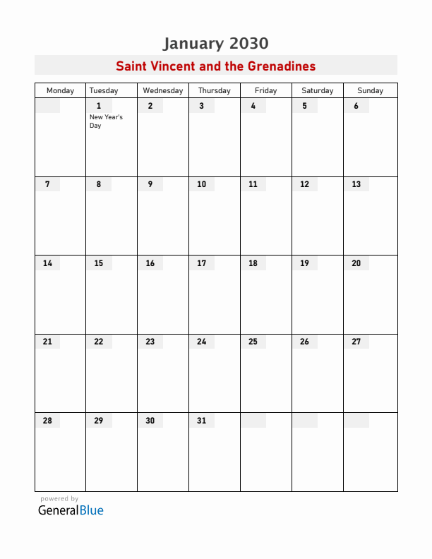 Saint Vincent and the Grenadines January 2030 Calendar with Holidays