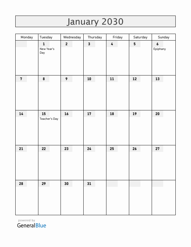 Venezuela January 2030 Calendar with Holidays