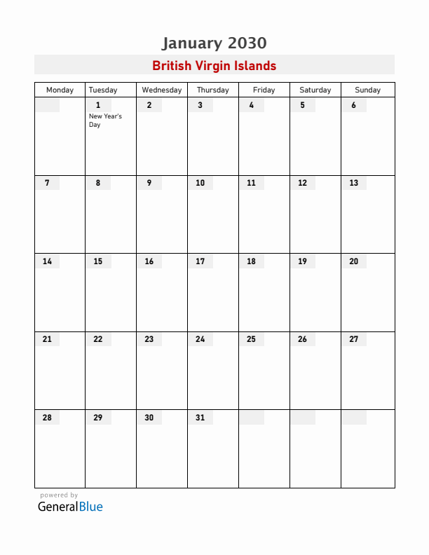 British Virgin Islands January 2030 Calendar with Holidays