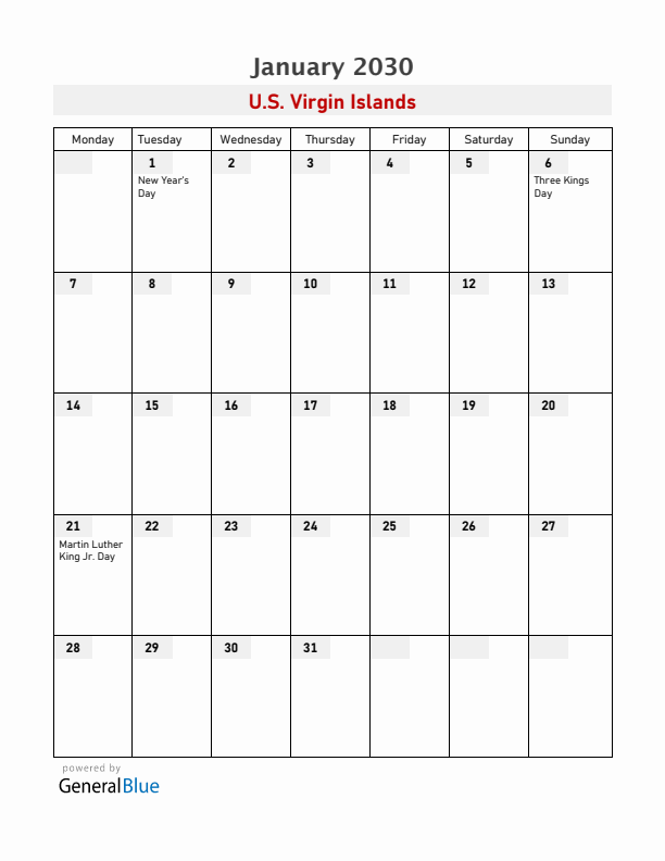 U.S. Virgin Islands January 2030 Calendar with Holidays