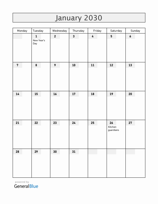 Vietnam January 2030 Calendar with Holidays