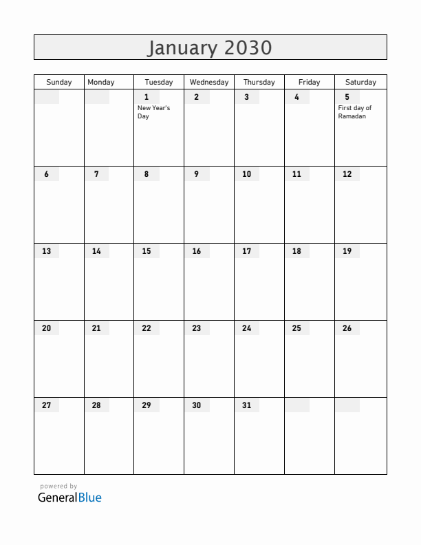 United Arab Emirates January 2030 Calendar with Holidays