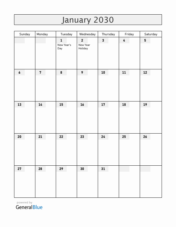 Albania January 2030 Calendar with Holidays