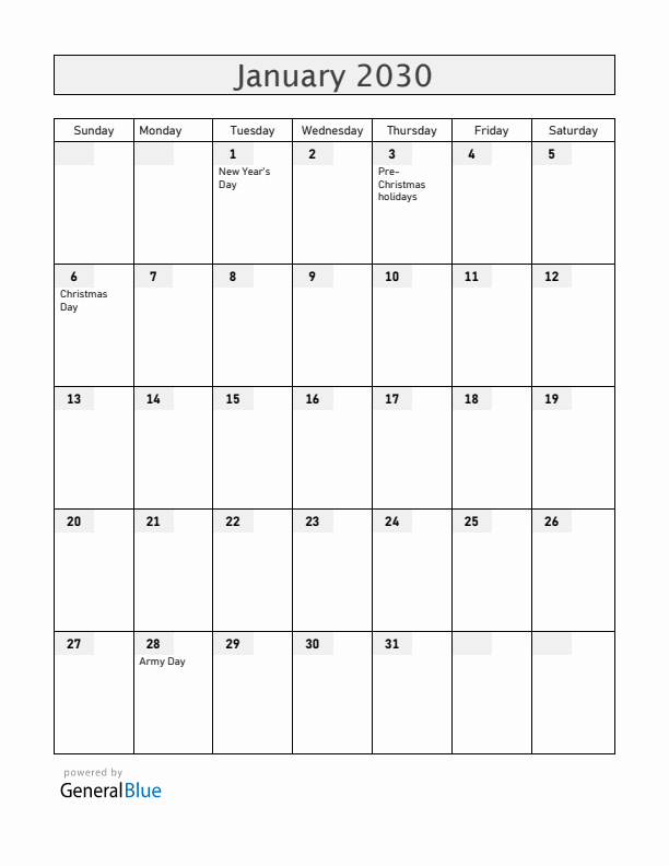 Armenia January 2030 Calendar with Holidays