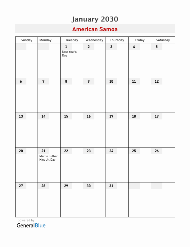 American Samoa January 2030 Calendar with Holidays