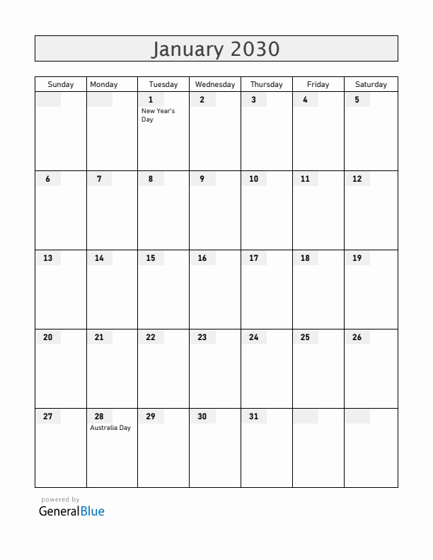 Australia January 2030 Calendar with Holidays