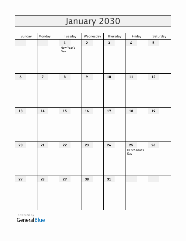 Aruba January 2030 Calendar with Holidays