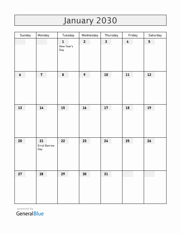 Barbados January 2030 Calendar with Holidays