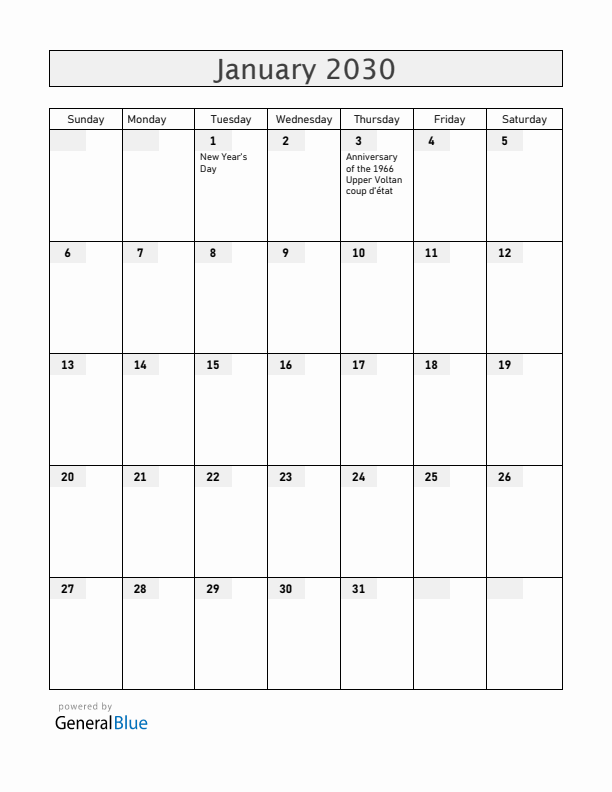 Burkina Faso January 2030 Calendar with Holidays