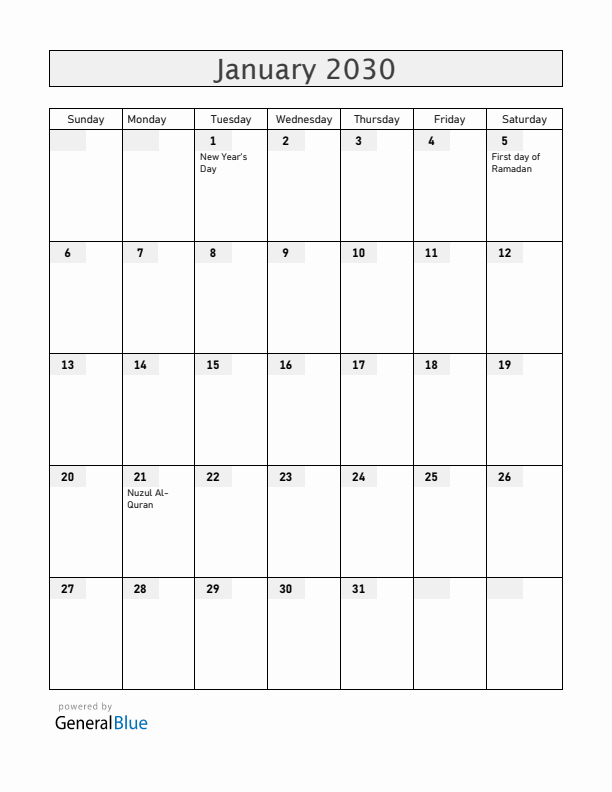 Brunei January 2030 Calendar with Holidays