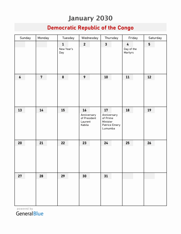 Democratic Republic of the Congo January 2030 Calendar with Holidays