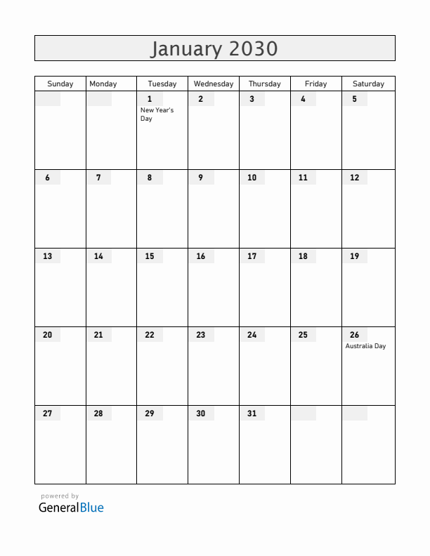 Christmas Island January 2030 Calendar with Holidays