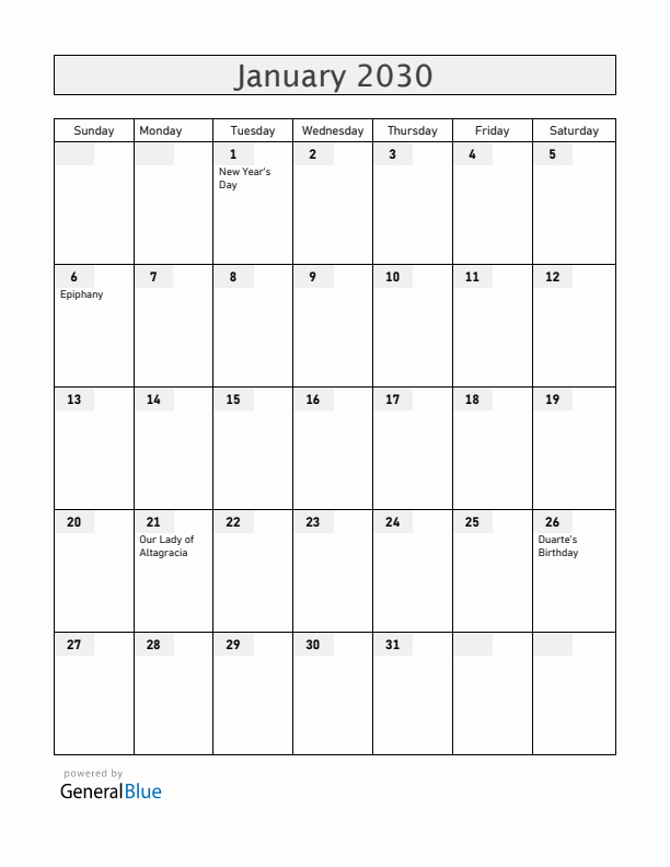 Dominican Republic January 2030 Calendar with Holidays
