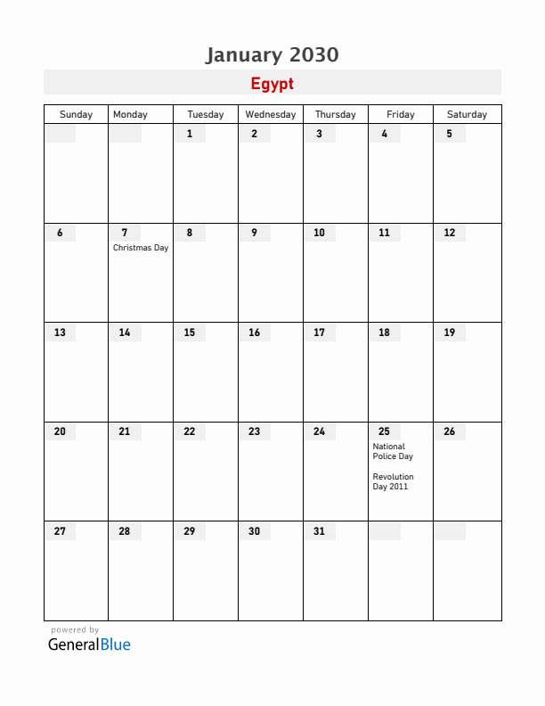 Egypt January 2030 Calendar with Holidays
