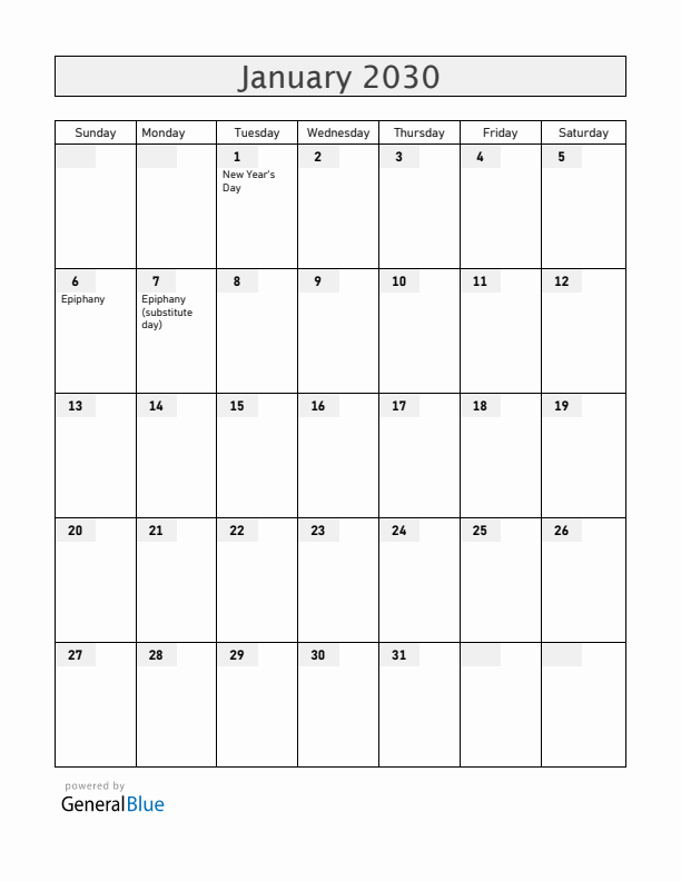 Spain January 2030 Calendar with Holidays