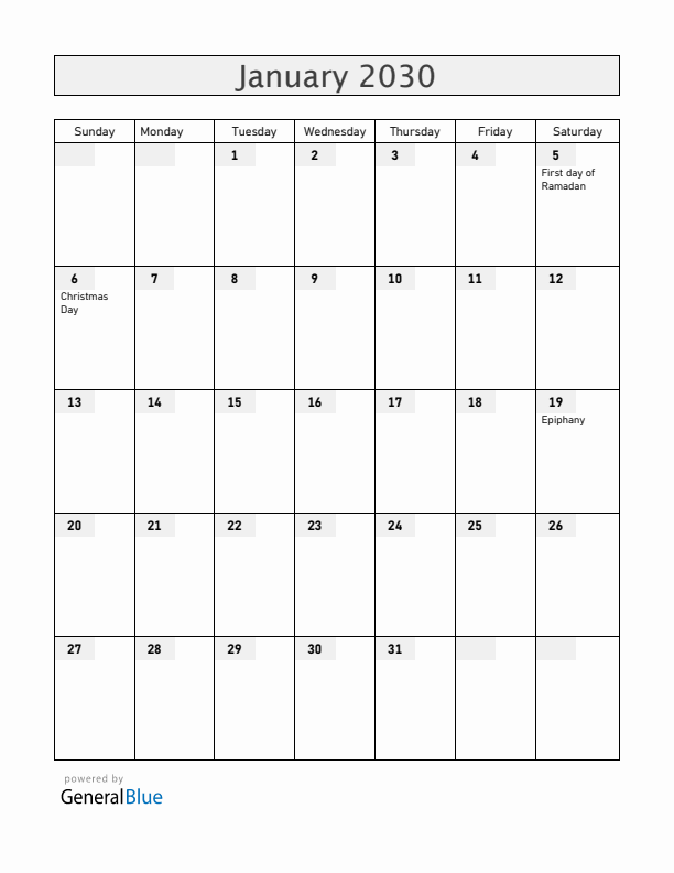 Ethiopia January 2030 Calendar with Holidays