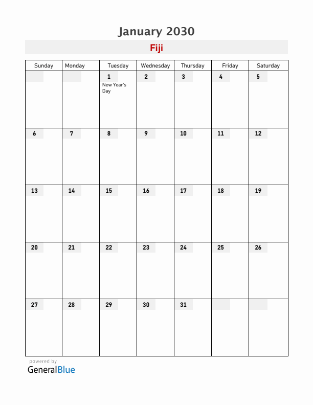 Fiji January 2030 Calendar with Holidays