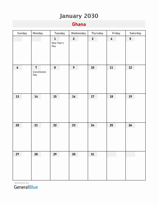 Ghana January 2030 Calendar with Holidays