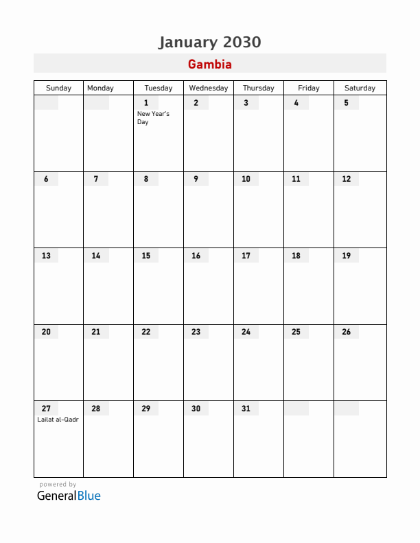 Gambia January 2030 Calendar with Holidays