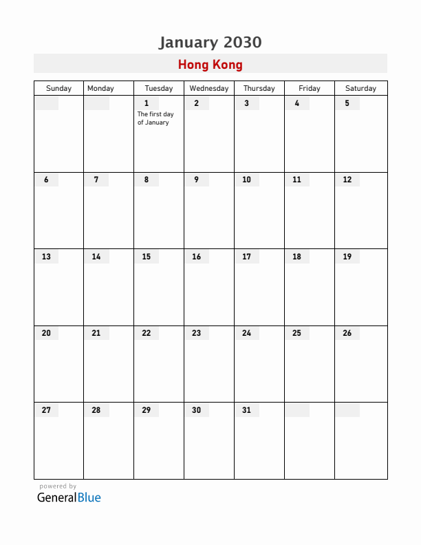 Hong Kong January 2030 Calendar with Holidays