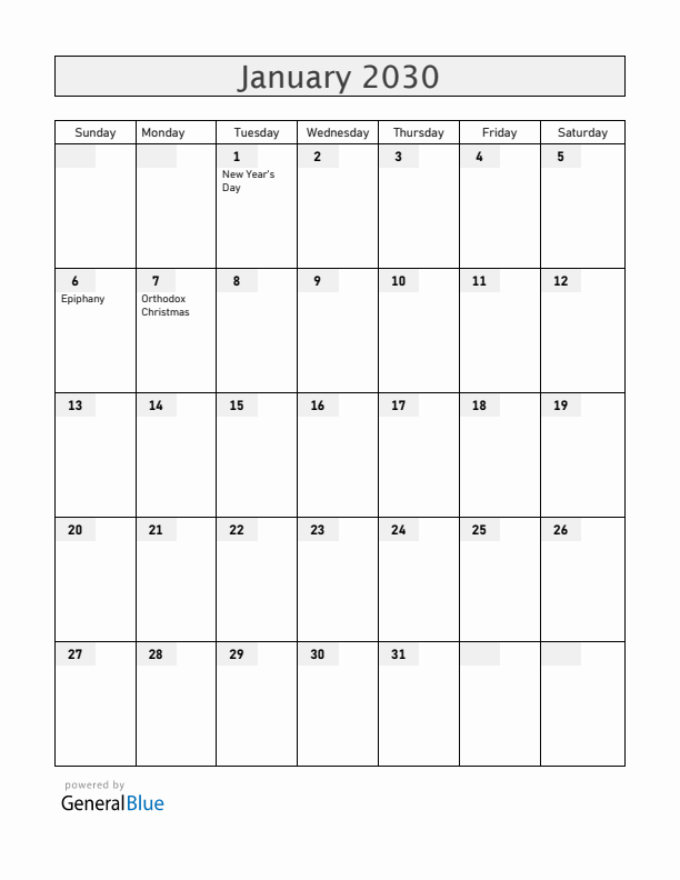 Croatia January 2030 Calendar with Holidays