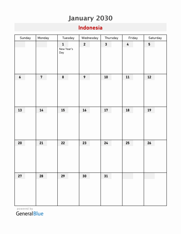 Indonesia January 2030 Calendar with Holidays