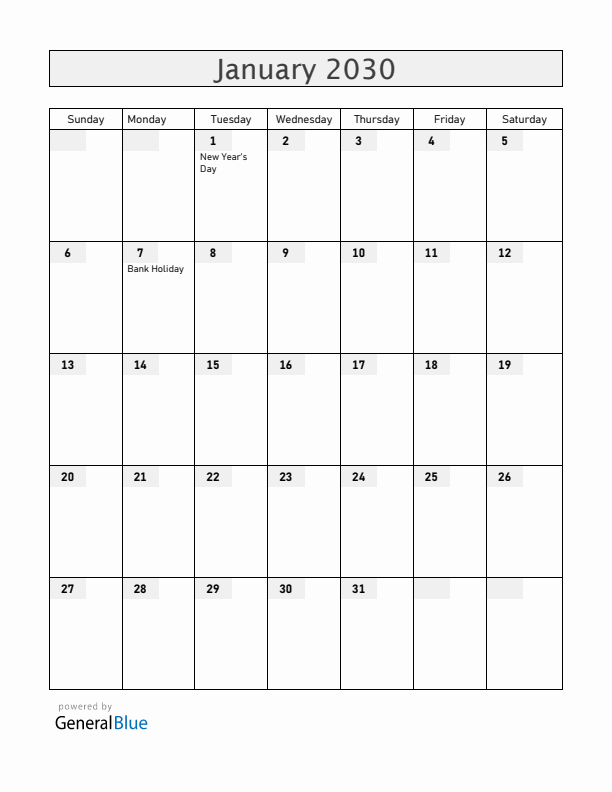 Ireland January 2030 Calendar with Holidays