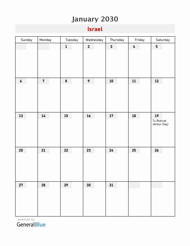 Israel January 2030 Calendar with Holidays