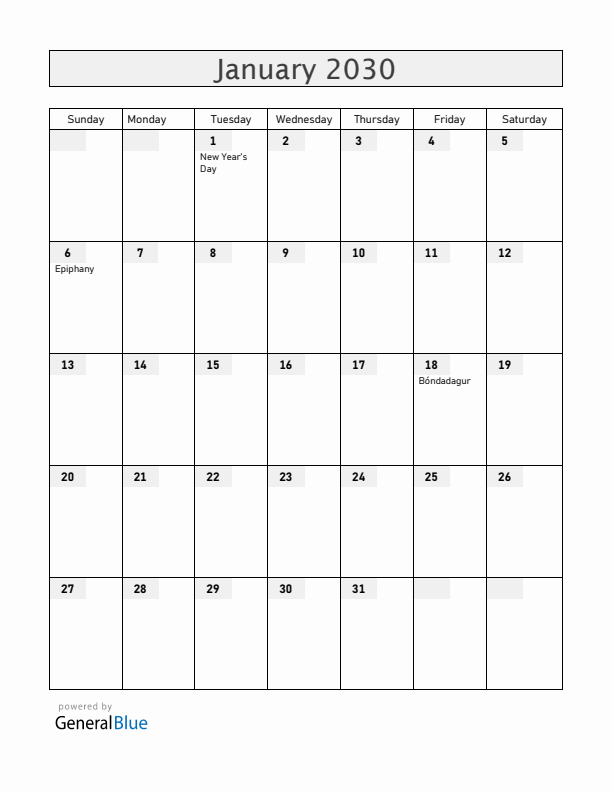 Iceland January 2030 Calendar with Holidays