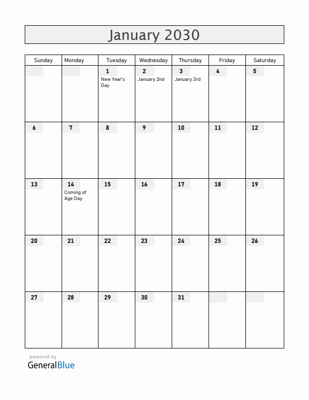 Japan January 2030 Calendar with Holidays