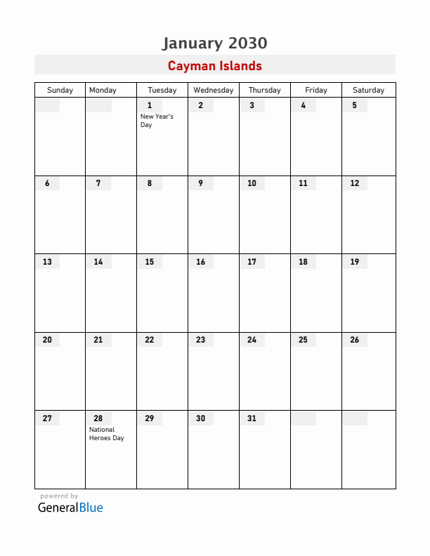 Cayman Islands January 2030 Calendar with Holidays