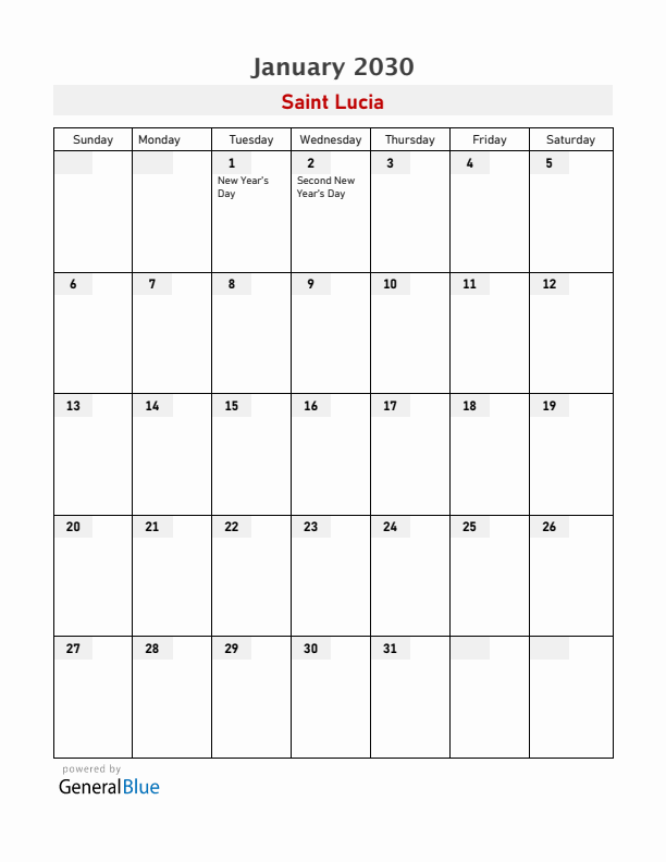 Saint Lucia January 2030 Calendar with Holidays