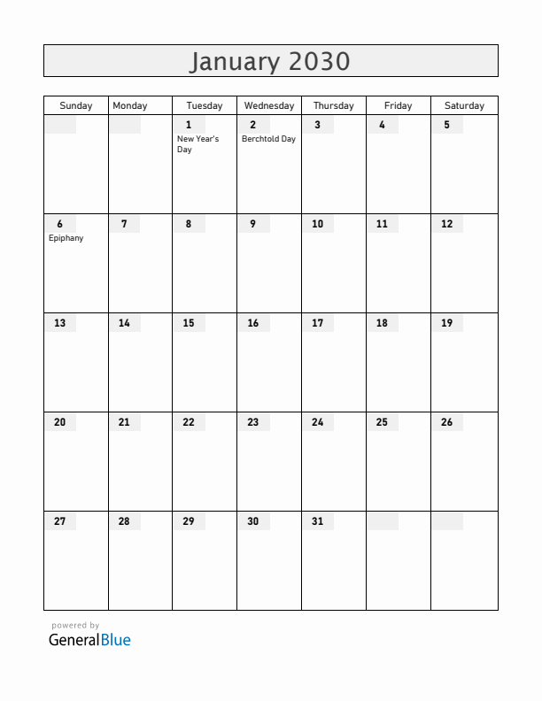 Liechtenstein January 2030 Calendar with Holidays